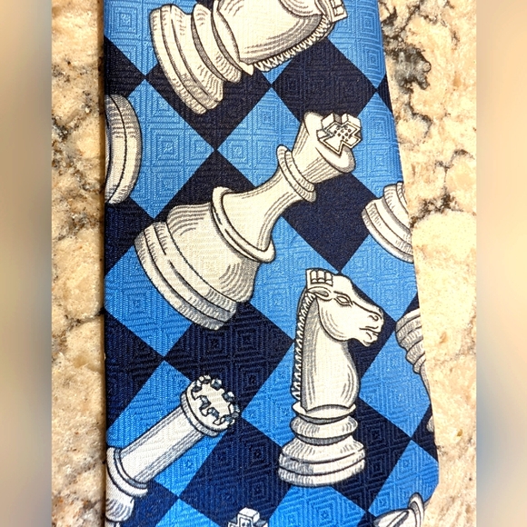 A. Rogers Men's Necktie Tie Polyester Blue Chess Board Pieces Woven 58" - Picture 1 of 5